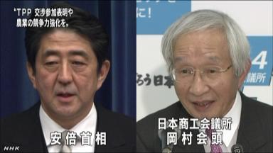 日商会頭、首相に原発再稼働やＴＰＰ参加訴える