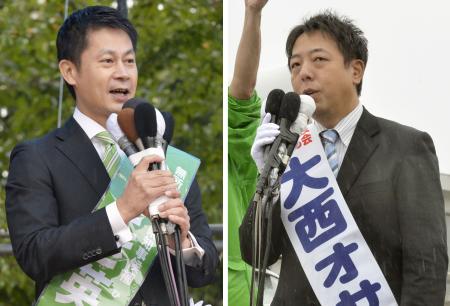 知事選告示 現新2氏雨中の舌戦
