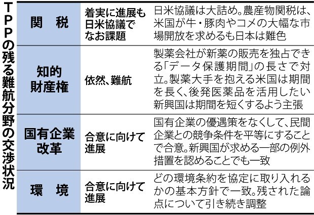 ＴＰＰ首席交渉官会合、閉幕 知的財産権の協議先送り