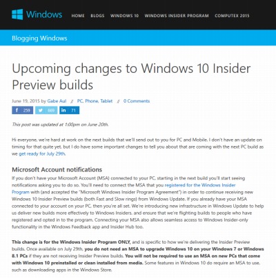 Windows 10 Insider Preview → Windows 10正式版へのアップグレードは、Windows 8.1/7ユーザー限定