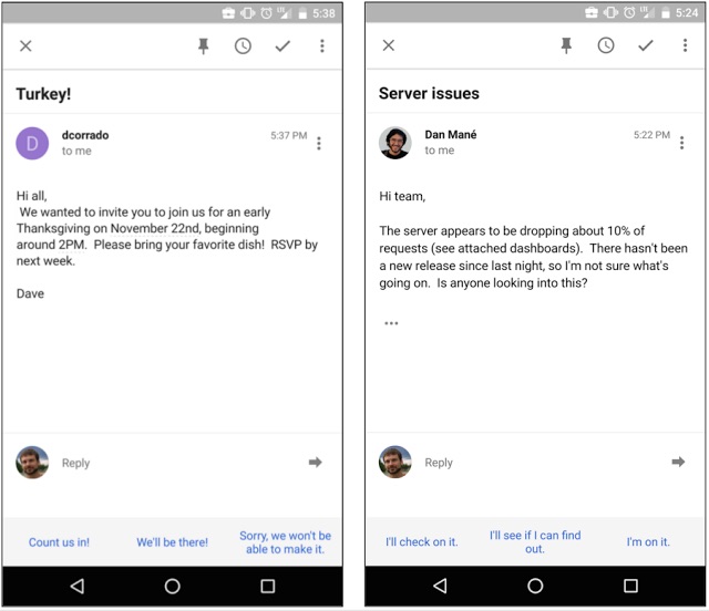 Google、メッセージの返事を自動提示する「Smart Reply」機能を発表