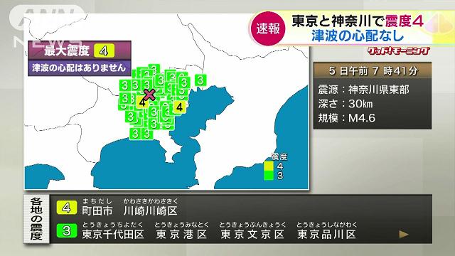 東京・町田や川崎で震度４ 千代田区でも震度３