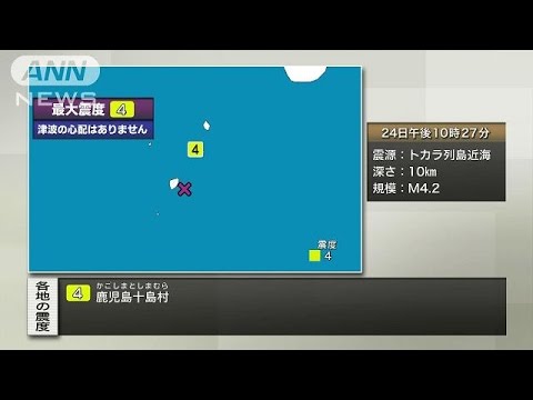 <地震>鹿児島・十島村で震度4 震源地はトカラ列島近海